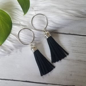 Smooth Silver Circle with Black Suede Tassel Earrings